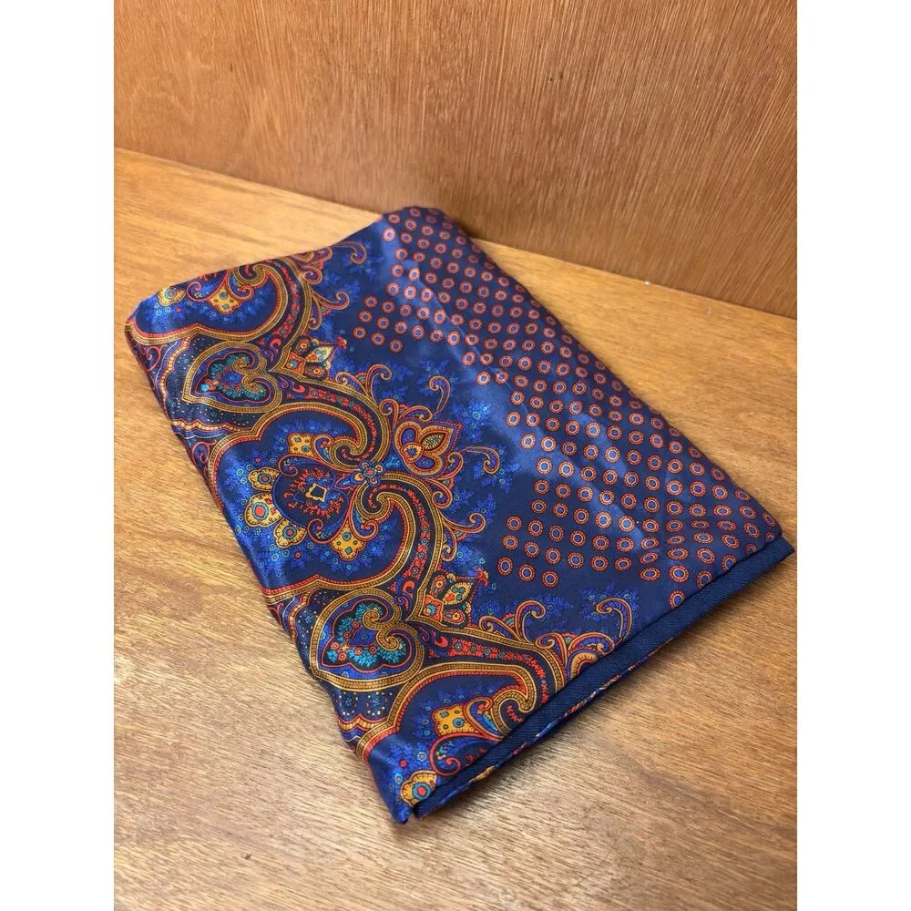 80s Vintage Bill Blass Navy + Orange Patterned 100% Silk + Wool Rectangle Scarf